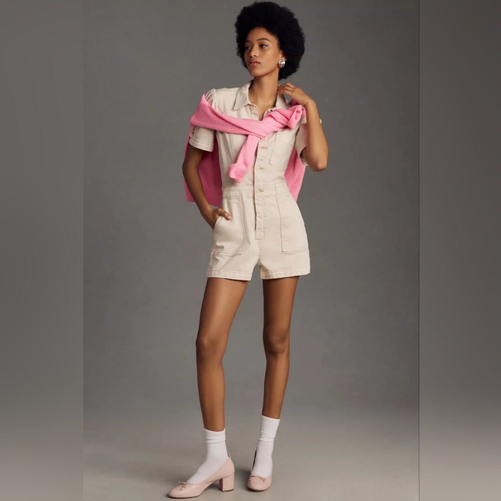 Anthropologie Beige Jumpsuit with Pink Sweater